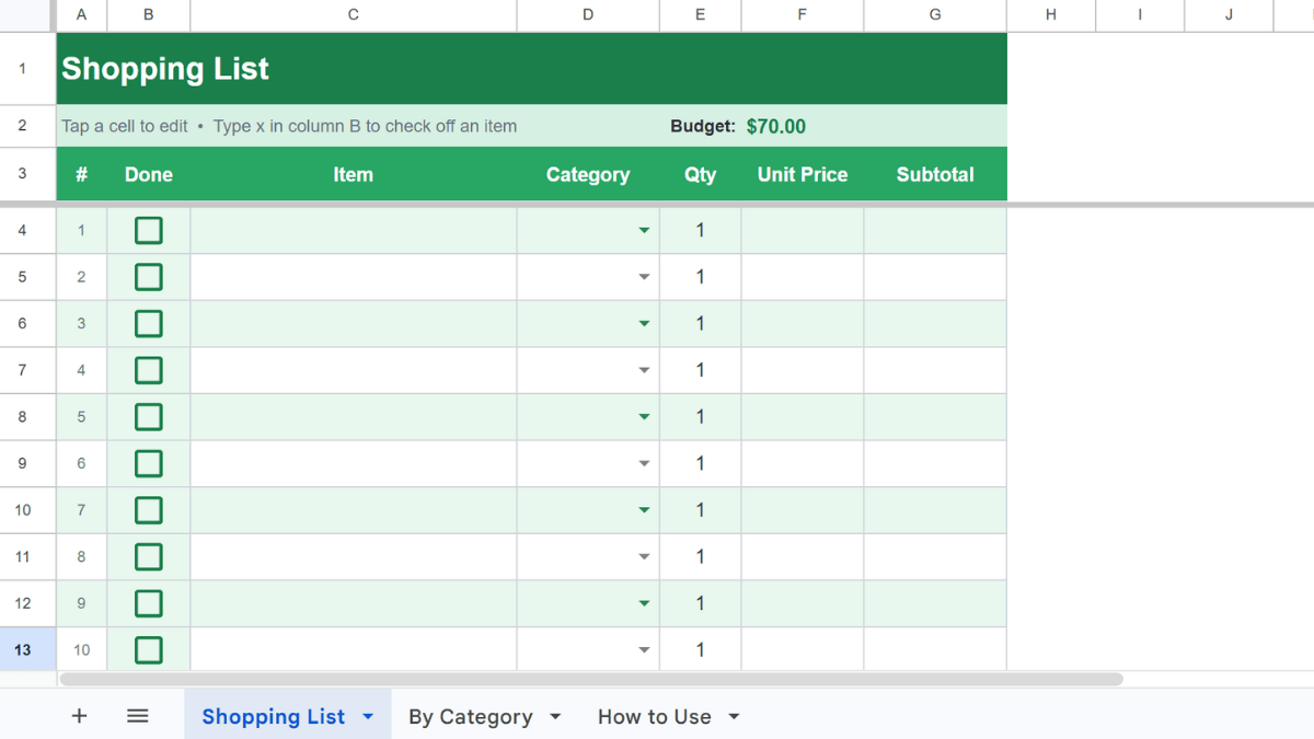 The shopping list page of the grocery spreadsheet.