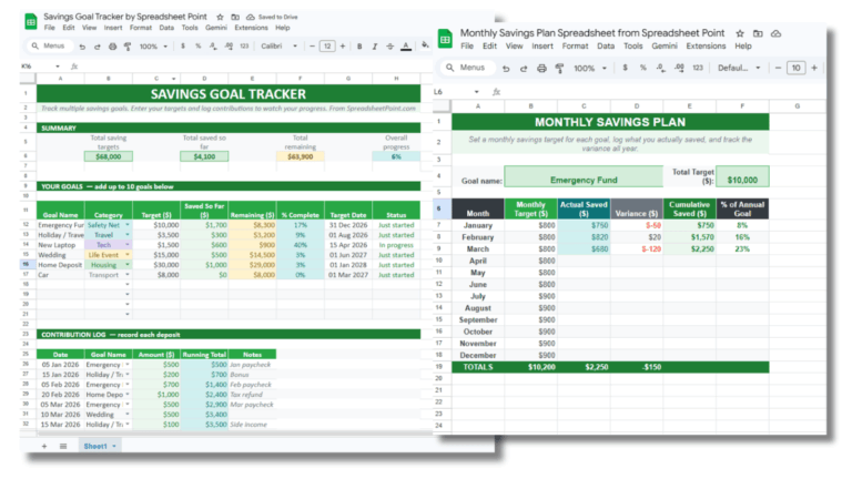 Two different savings goal tracker spreadsheets, shown side by side.
