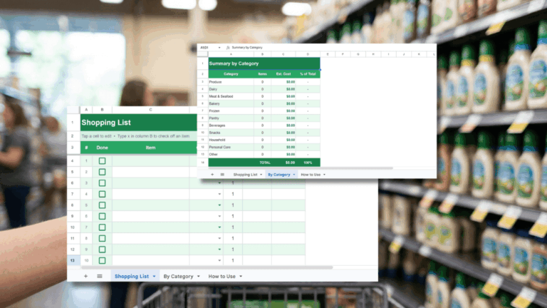 Grocery list spreadsheets over a grocery store background.