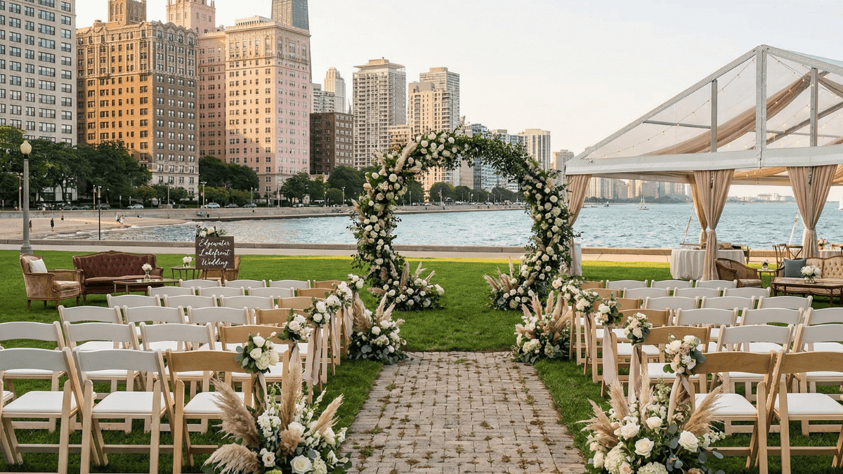 A wedding ceremony happening on Lake Michigan in Chicago.