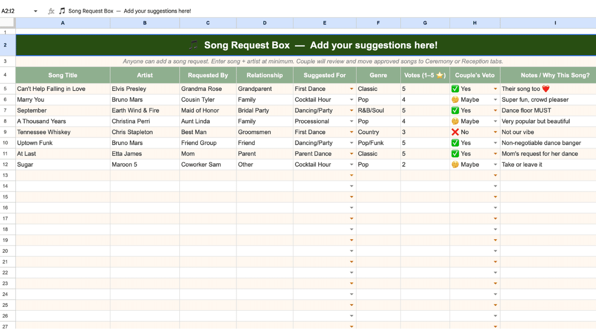 A sharable wedding songs list for Google Sheets.