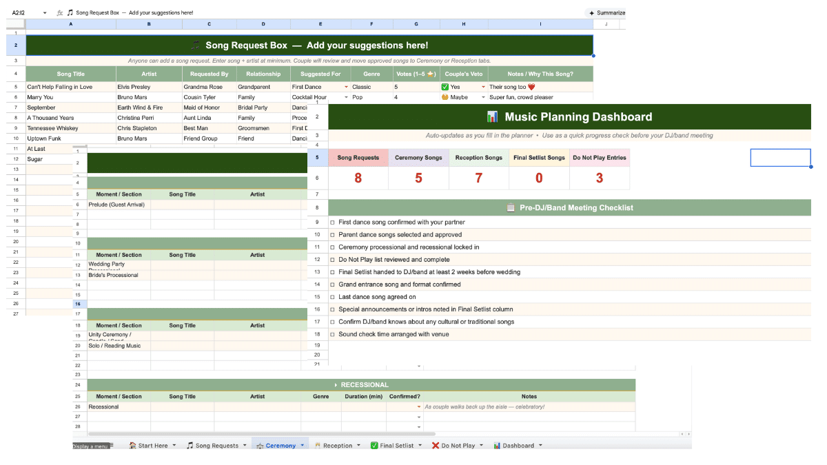 The full wedding songs list spreadsheet template from Spreadsheet Point.