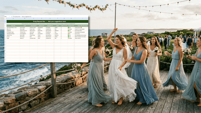A bride and her bridesmaids dancing in nantucket. A wedding songs list spreadsheet is overlaid.