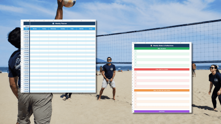 A weekly planner spreadsheet and a notes and reflections tab shown over a beach volleyball background.