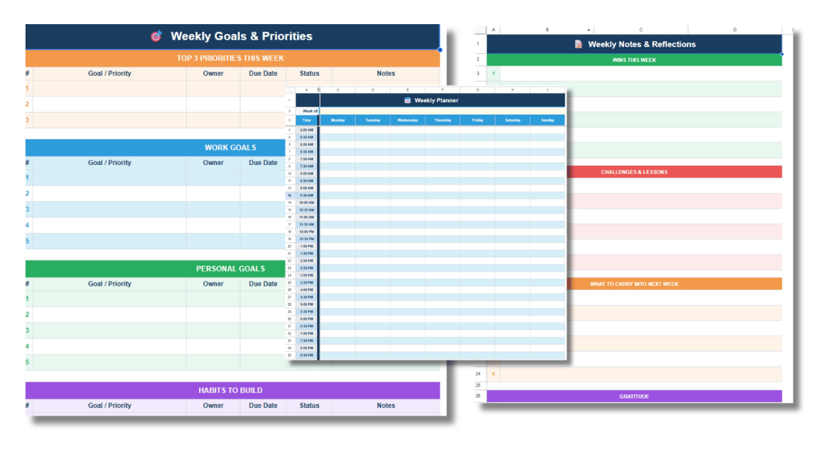 Tabs from the Google Sheets weekly planner, including the goals tab, weekly notes, and full planner.