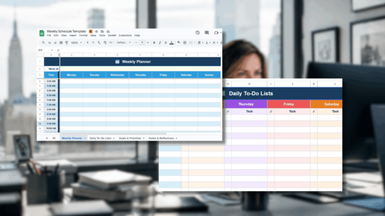 The weekly schedule template for Google Sheets, shown with two tabs.
