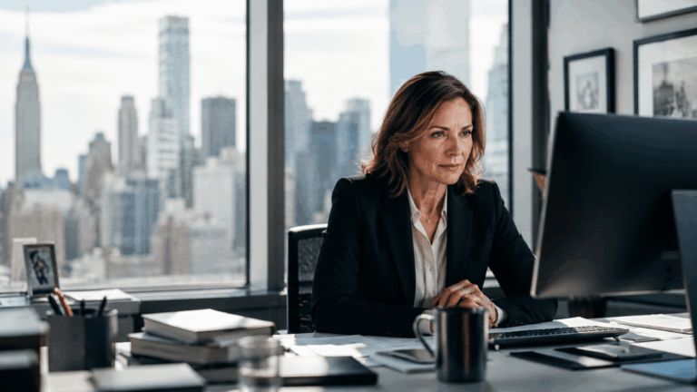 A CMO at her laptop in an office overlooking New York City.